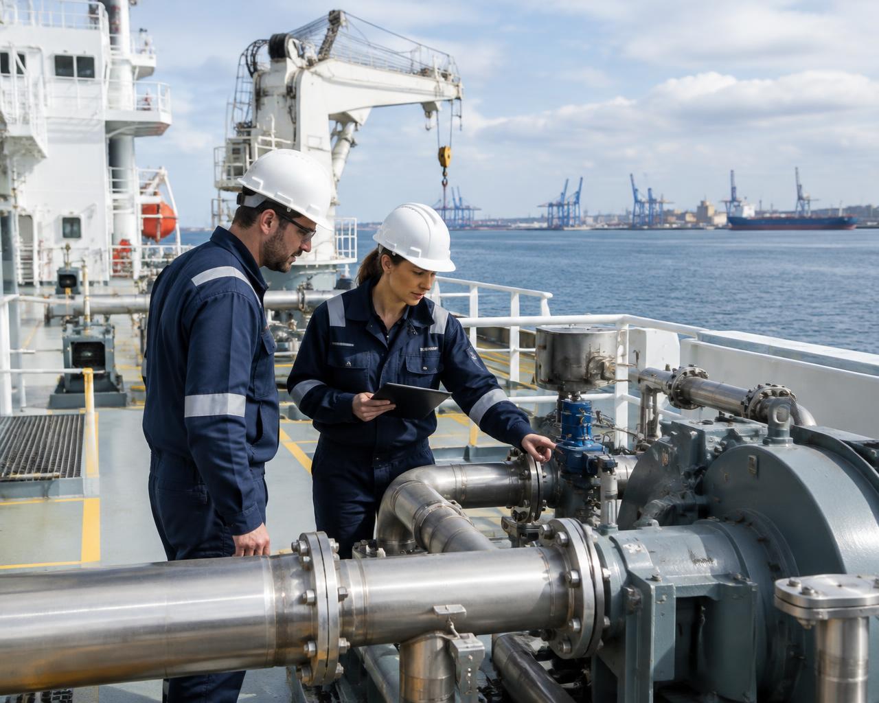 Marine engineers inspecting equipment on a commercial vessel’s deck